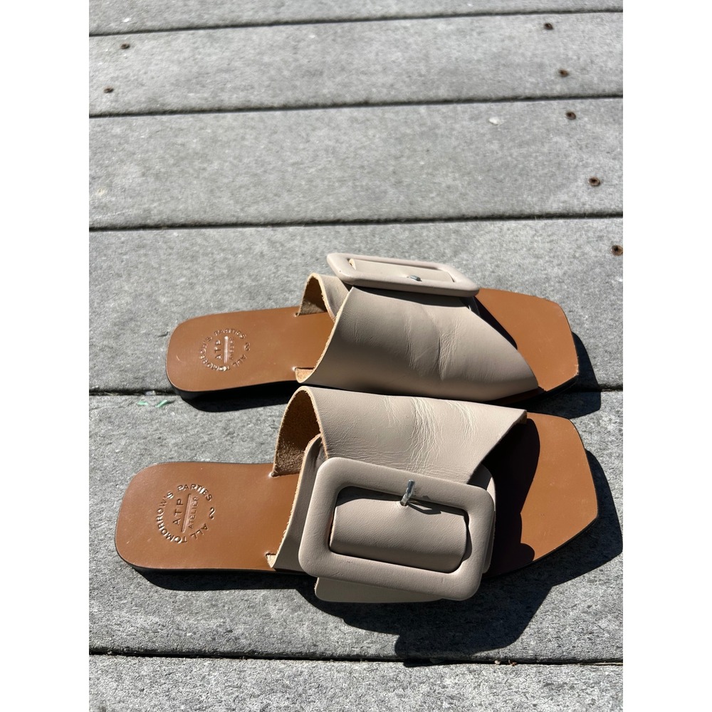 ATP Atelier Beige Leather Buckle Slide Sandals Square Toe Made in Italy Size 37